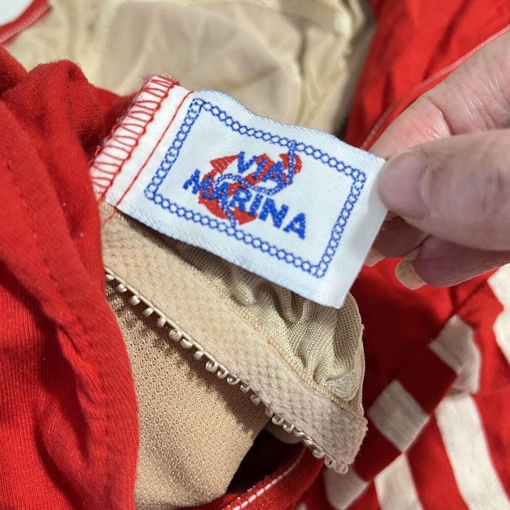 Vintage Via Marina Swimsuit Womens 16 Red Striped Nautical One Piece USA Cotton - Picture 3 of 16
